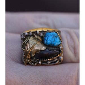 Old Pawn Native American Indian Sterling Silver Gold Fill Turqiouse Ring Size 11